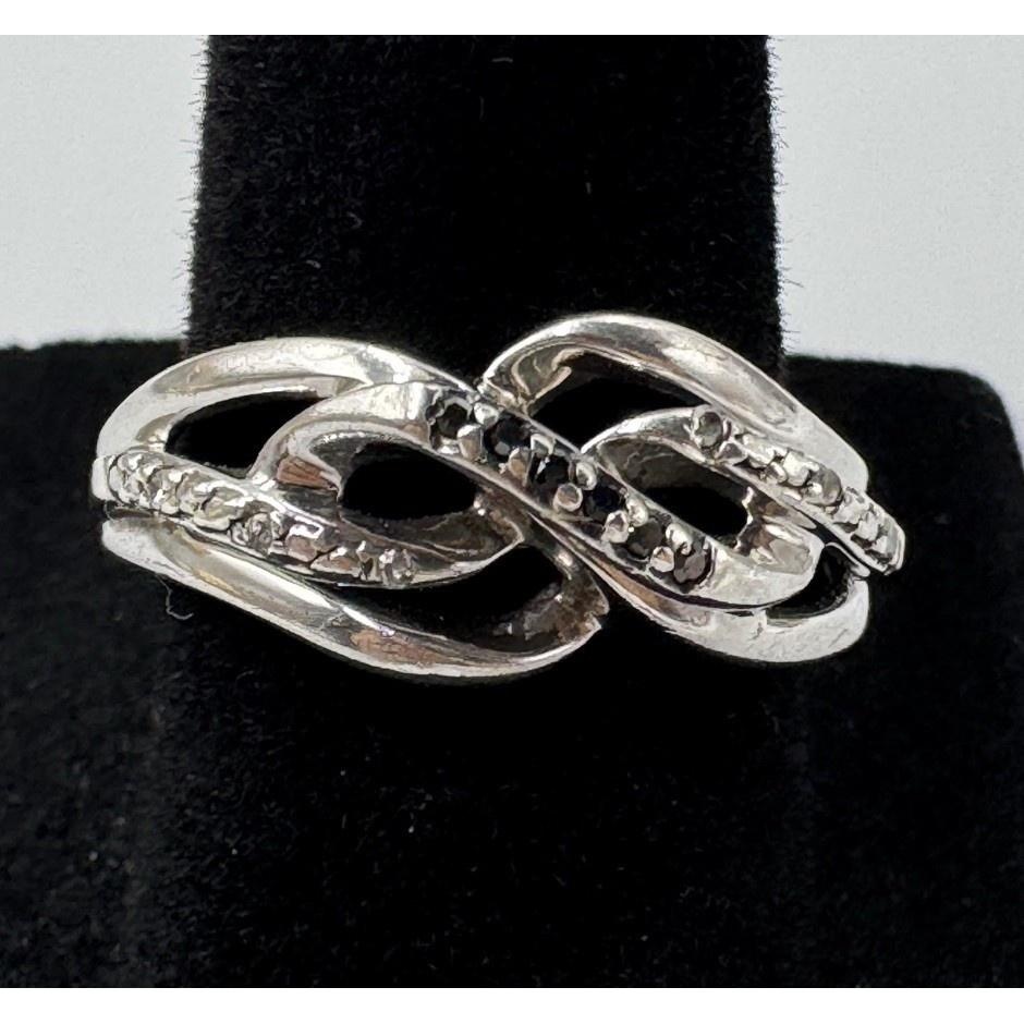Sterling Silver 925 Clear & Black Diamond Crossover Anniversary Ring Size 7